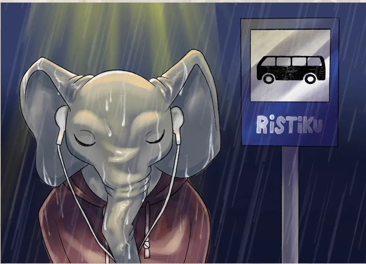 Digiillustratsioon elevandist vihmases bussipeatuses