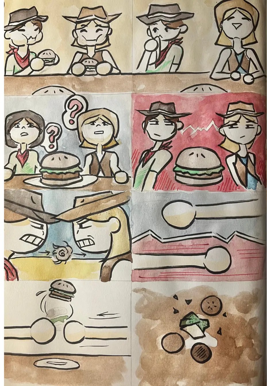 Käsitsi joonistatud storyboard kaadrid vesivärvidega